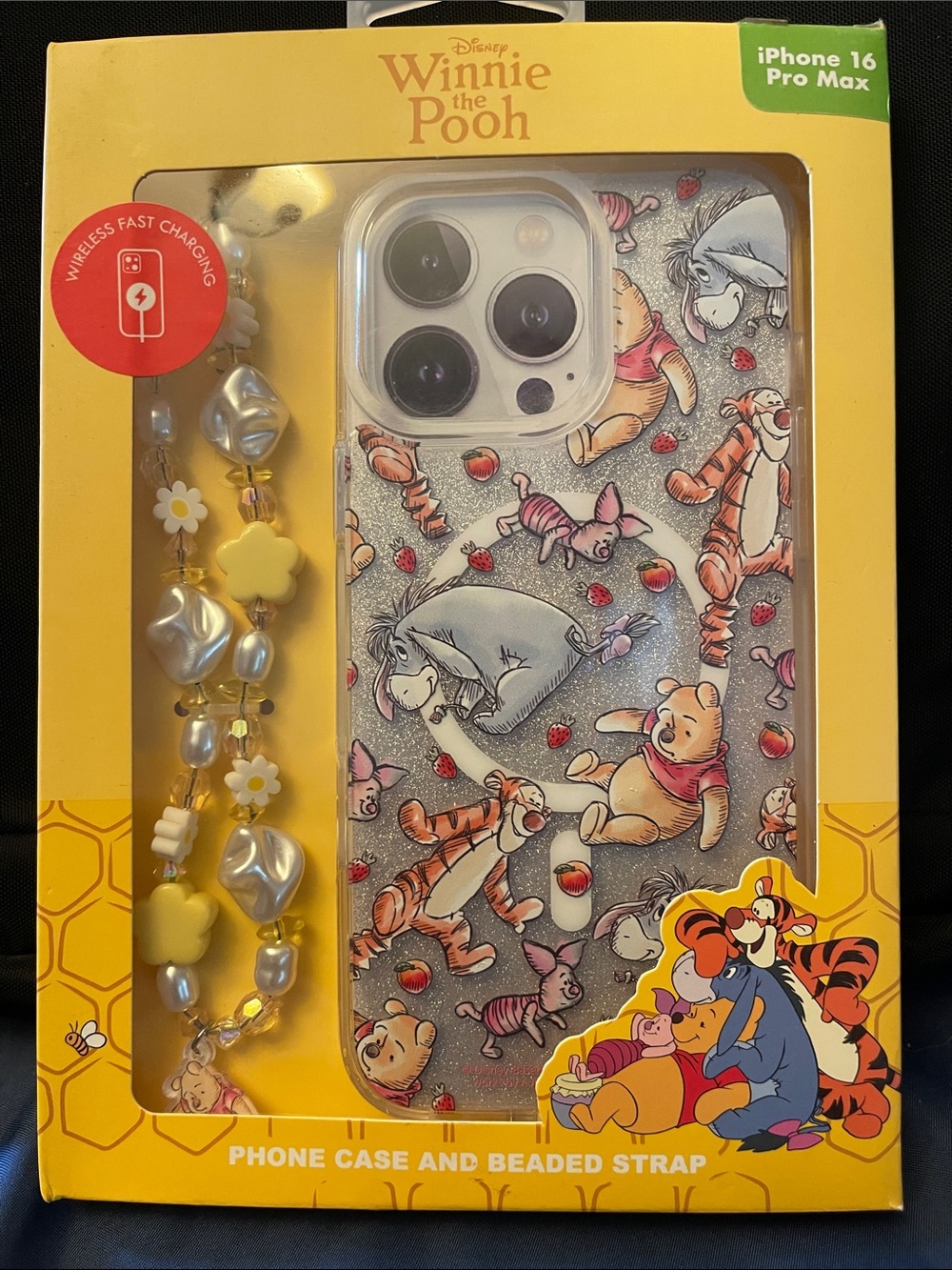 Disney Winnie the Pooh Glitter iPhone 16 Pro Max Case with Yellow Beaded Strap